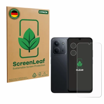 Front side of a product packaging with the brand logo ScreenLeaf. Next to it is the device Xiaomi Redmi 15C (Front+Camera) sho