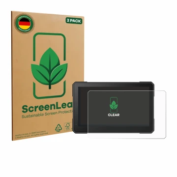 Front side of a product packaging with the brand logo ScreenLeaf. Next to it is the device Interphone Sync 70 Essential shown 