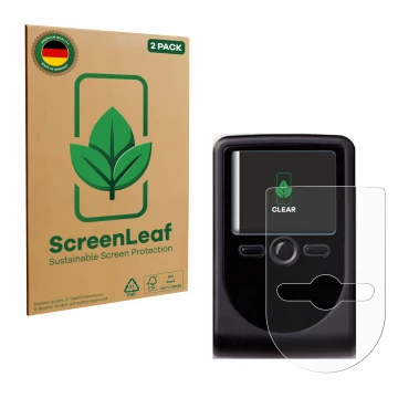 Front side of a product packaging with the brand logo ScreenLeaf. Next to it is the device OneSpan DigiPass 760 shown with the