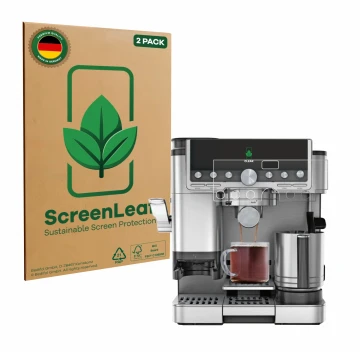 Front side of a product packaging with the brand logo ScreenLeaf. Next to it is the device Ninja Luxe Cafe Pro ES701EU shown w