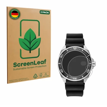Front side of a product packaging with the brand logo ScreenLeaf. Next to it is the device Seiko Prospex SRPE37 shown with the