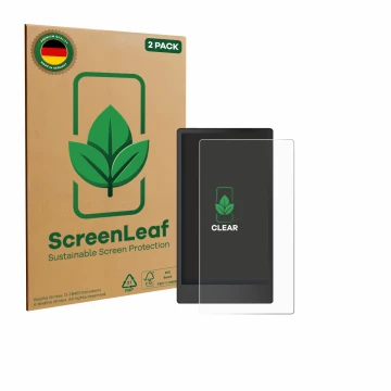 Front side of a product packaging with the brand logo ScreenLeaf. Next to it is the device reMarkable Paper Pro Move shown wit