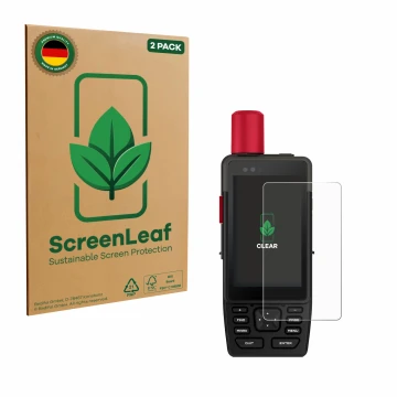 Front side of a product packaging with the brand logo ScreenLeaf. Next to it is the device Garmin GPSMAP H1i Plus shown with t