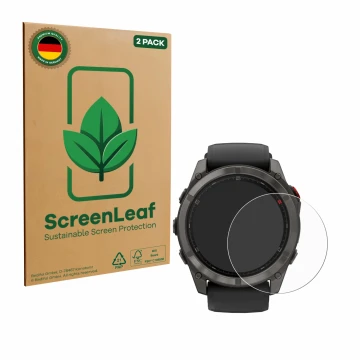 Front side of a product packaging with the brand logo ScreenLeaf. Next to it is the device Garmin Fenix 8 Pro MicroLED (51 mm)
