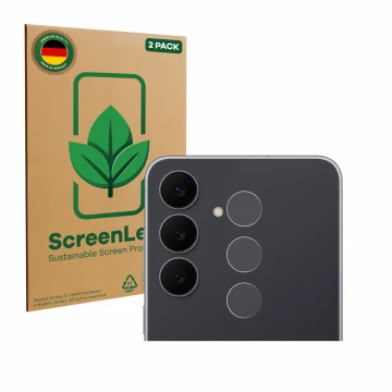 Front side of a product packaging with the brand logo ScreenLeaf. Next to it is the device Samsung Galaxy S25 FE (ONLY Camera 