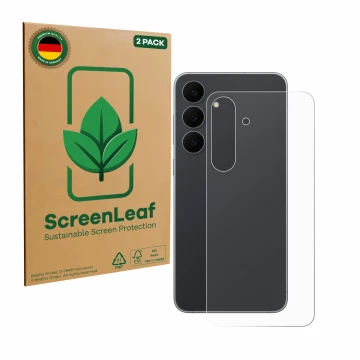 Front side of a product packaging with the brand logo ScreenLeaf. Next to it is the device Samsung Galaxy S25 FE (Back) shown 