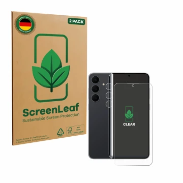Front side of a product packaging with the brand logo ScreenLeaf. Next to it is the device Samsung Galaxy S25 FE (Front+Camera