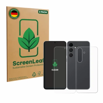 Front side of a product packaging with the brand logo ScreenLeaf. Next to it is the device Samsung Galaxy S25 FE (Front+Back) 
