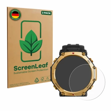 Front side of a product packaging with the brand logo ScreenLeaf. Next to it is the device Huami Amazfit T-Rex 3 Pro (48 mm) s