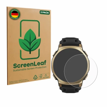 Front side of a product packaging with the brand logo ScreenLeaf. Next to it is the device Huami Amazfit T-Rex 3 Pro (44 mm) s