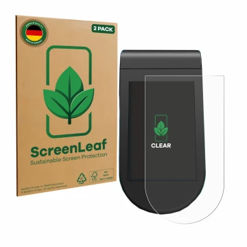 Front side of a product packaging with the brand logo ScreenLeaf. Next to it is the device SoFlow SO4 Pro MAX shown with the c