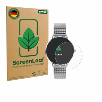 Front side of a product packaging with the brand logo ScreenLeaf. Next to it is the device Pireware Amory 5 Mini shown with th
