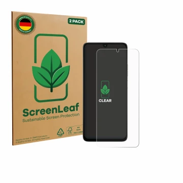 Front side of a product packaging with the brand logo ScreenLeaf. Next to it is the device Motorola Moto G06 shown with the co