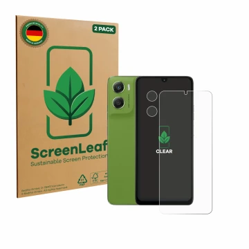 Front side of a product packaging with the brand logo ScreenLeaf. Next to it is the device Motorola Moto G06 Power (Front+Came