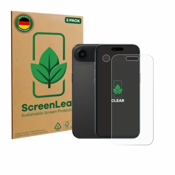 Front side of a product packaging with the brand logo ScreenLeaf. Next to it is the device Apple iPhone Air (Front+Camera) sho