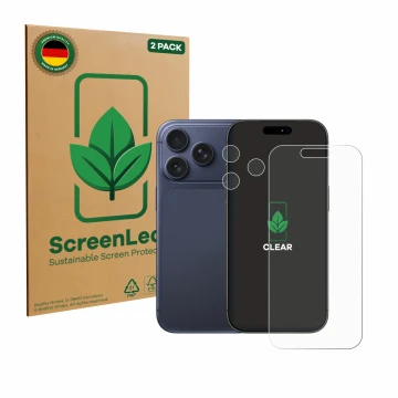 Front side of a product packaging with the brand logo ScreenLeaf. Next to it is the device Apple iPhone 17 Pro (Front+Camera) 