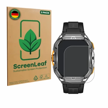 Front side of a product packaging with the brand logo ScreenLeaf. Next to it is the device Stahlgear Thor 3.0 shown with the c