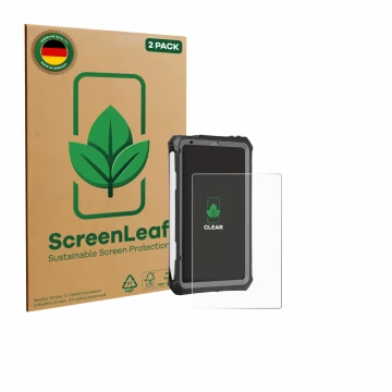 Front side of a product packaging with the brand logo ScreenLeaf. Next to it is the device Apple iPad Mini 7 2024 (case-friend