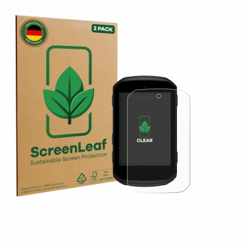 Front side of a product packaging with the brand logo ScreenLeaf. Next to it is the device Garmin Edge 850 shown with the corr