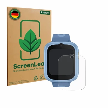 Front side of a product packaging with the brand logo ScreenLeaf. Next to it is the device TCL Movetime MT48 shown with the co