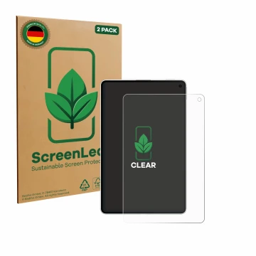 Front side of a product packaging with the brand logo ScreenLeaf. Next to it is the device Huawei MatePad Mini shown with the 