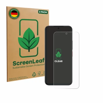 Front side of a product packaging with the brand logo ScreenLeaf. Next to it is the device Nubia Air shown with the correspond
