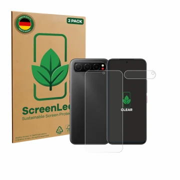Front side of a product packaging with the brand logo ScreenLeaf. Next to it is the device Nubia Air (Front+Camera) shown with
