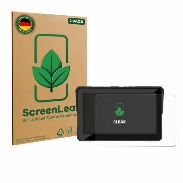 Front side of a product packaging with the brand logo ScreenLeaf. Next to it is the device Carpuride W502 Pro 5