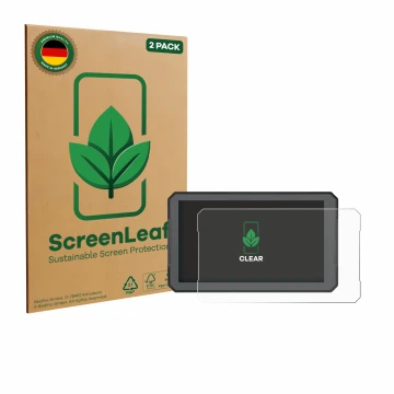 Front side of a product packaging with the brand logo ScreenLeaf. Next to it is the device BOUWOIMA Motorrad Carplay 7