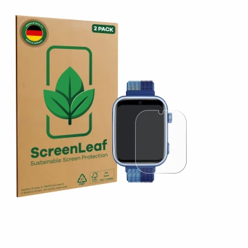 Front side of a product packaging with the brand logo ScreenLeaf. Next to it is the device JoJoego 4G Smartwatch kids shown wi