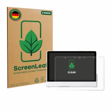 Front side of a product packaging with the brand logo ScreenLeaf. Next to it is the device eufy Smart Display E10 shown with t