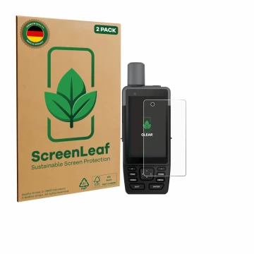 Front side of a product packaging with the brand logo ScreenLeaf. Next to it is the device Garmin GPSMAP H1 shown with the cor
