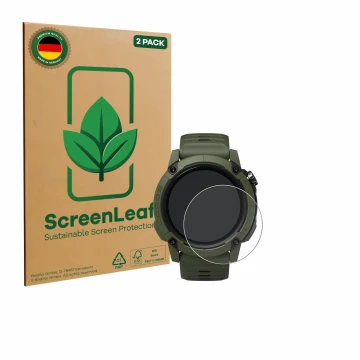 Front side of a product packaging with the brand logo ScreenLeaf. Next to it is the device Coros NOMAD shown with the correspo