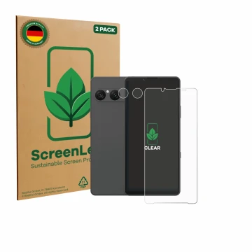 Front side of a product packaging with the brand logo ScreenLeaf. Next to it is the device Sony Xperia 10 VII (Front+Camera) s