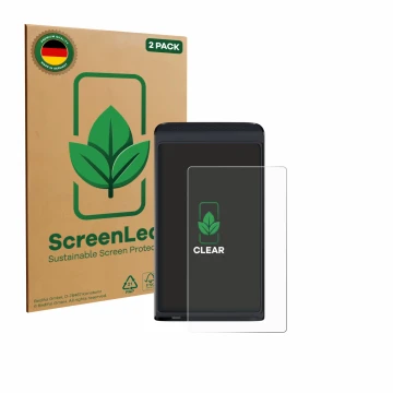 Front side of a product packaging with the brand logo ScreenLeaf. Next to it is the device Vasco Translator Q1 shown with the 