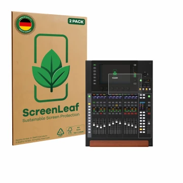 Front side of a product packaging with the brand logo ScreenLeaf. Next to it is the device Behringer Wing Compact shown with t