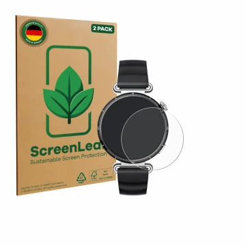 Front side of a product packaging with the brand logo ScreenLeaf. Next to it is the device Huawei Watch GT 6 (41 mm) shown wit