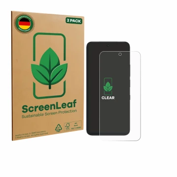 Front side of a product packaging with the brand logo ScreenLeaf. Next to it is the device TCL NXTPAPER 60 Ultra shown with th