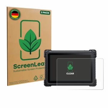 Front side of a product packaging with the brand logo ScreenLeaf. Next to it is the device iCarsoft CR Eagle shown with the co