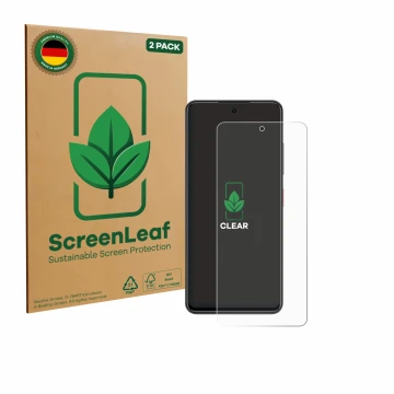 Front side of a product packaging with the brand logo ScreenLeaf. Next to it is the device Nubia Focus shown with the correspo