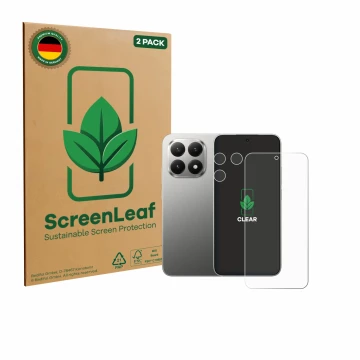 Front side of a product packaging with the brand logo ScreenLeaf. Next to it is the device Xiaomi 15T (Front+Camera) shown wit