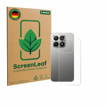 Front side of a product packaging with the brand logo ScreenLeaf. Next to it is the device Xiaomi 15T (Back) shown with the co