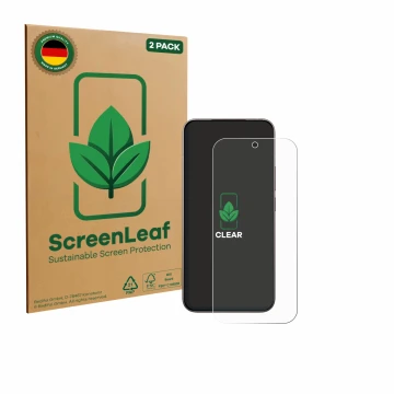 Front side of a product packaging with the brand logo ScreenLeaf. Next to it is the device Xiaomi 17 shown with the correspond