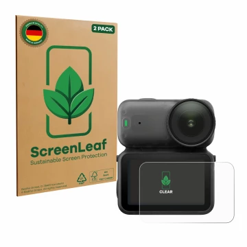 Front side of a product packaging with the brand logo ScreenLeaf. Next to it is the device DJI Osmo Nano shown with the corres