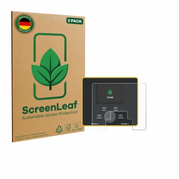 Front side of a product packaging with the brand logo ScreenLeaf. Next to it is the device Junsi iCharger DX12 shown with the 