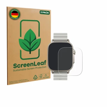 Front side of a product packaging with the brand logo ScreenLeaf. Next to it is the device realme Watch 5 shown with the corre