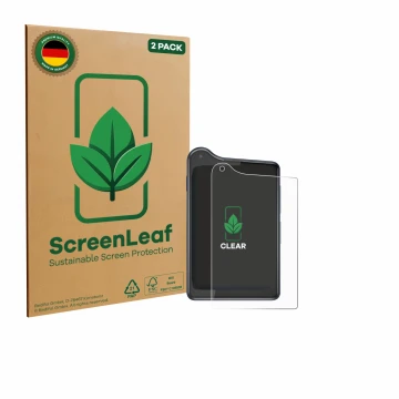 Front side of a product packaging with the brand logo ScreenLeaf. Next to it is the device Xiaomi Qin K25 shown with the corre