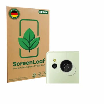 Front side of a product packaging with the brand logo ScreenLeaf. Next to it is the device Sharp Aquos Sense 8 (ONLY Camera) s