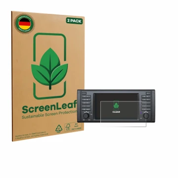 Front side of a product packaging with the brand logo ScreenLeaf. Next to it is the device Eonon E39A12S shown with the corres