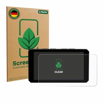 Front side of a product packaging with the brand logo ScreenLeaf. Next to it is the device Chigee AIO-6 LTE 4G shown with the 
